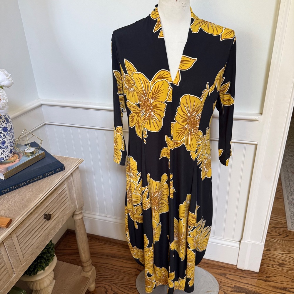 Alembika Floral Cocoon Midi Dress Black Yellow 3/4 Sleeve Size 3 Lagenlook
